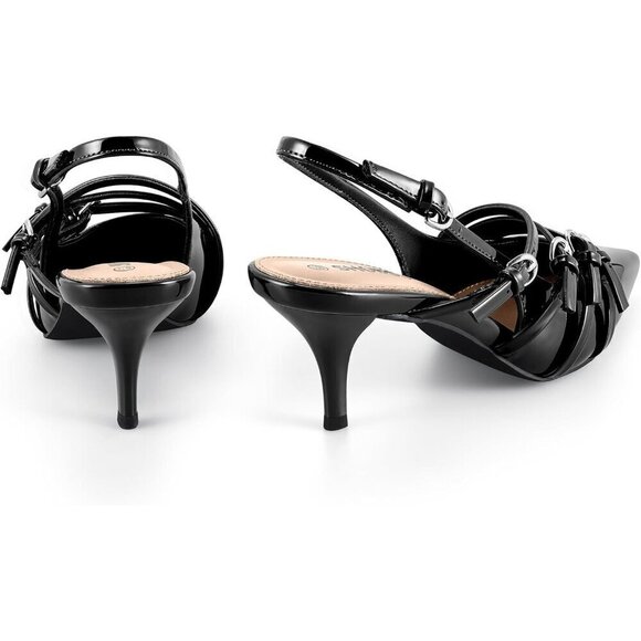 Slingback Kitten Heels for Women Black Polyurethane Multi-Buckle Shoes - Picture 7 of 7